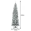 A tall, slender artificial Christmas tree with flocked branches, standing on a black metal stand. Dimensions are indicated by measurement lines and text. Produktbild-Vorschau