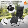 A dark gray reclining chair with a padded cushion and headrest is shown outdoors, with trees and greenery in the background. Callouts highlight features like a removable table, non-slip footrest, and stable stand. Produktbild-Vorschau
