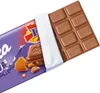 A Milka & Daim chocolate bar, partially unwrapped, showing the chocolate and pieces of Daim. Produktbild-Vorschau