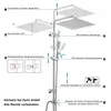 An instructional diagram of a shower system with labels and arrows indicating features and adjustments. Produktbild-Vorschau