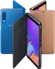 Three Samsung phones with book-style cases are displayed against a white background. One phone is blue with its case open, another is black with its case open, and a third is bronze with its case closed. Podgląd zdjęcia produktu