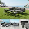 Collage of outdoor furniture sets, including a sectional sofa with a chaise lounge, a coffee table, and other seating arrangements, set against various outdoor backdrops like a poolside and a balcony. Anteprima dell’immagine prodotto