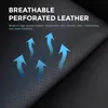 Close-up of black perforated leather with blue arrows indicating airflow. Produktbild-Vorschau