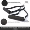 Close-up view of two black gym handles with straps and metal rings, with labels pointing out features. Produktbild-Vorschau