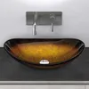 A glass vessel sink with a golden and brown gradient is mounted on a dark countertop, with a modern chrome faucet assembly on the wall behind it. Produktbild-Vorschau