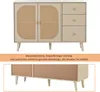 A light-colored sideboard with rattan doors and drawers, shown from the front and a close-up of its base. Produktbild-Vorschau