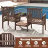A wooden garden bench set with a small table between two chairs, placed next to a swimming pool. Produktbild-Vorschau