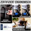 Collage of images showing features of an ergonomic office chair, including adjustments and certification. Produktbild-Vorschau