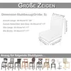 A size chart for chair covers, showing dimensions and examples of compatible chair types. Produktbild-Vorschau