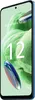 A blue Xiaomi Redmi Note 12 5G smartphone is shown at an angle against a light green, textured background. The number '12' is prominently displayed on the screen. Produktbild-Vorschau