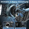 Close-up view of an e-bike's rear derailleur and cassette, with inset images showing the shifter and a different view of the cassette. Produktbild-Vorschau