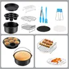 A collage of various air fryer accessories, including baking pans, racks, tongs, and brushes. Voir les images du produit