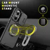 A smartphone case with a magnetic ring stand is shown attached to a car's dashboard. Produktbild-Vorschau