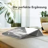A tablet case is displayed on a wooden desk with a plant and a cup in the background. Produktbild-Vorschau