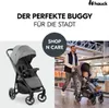 A man pushing a stroller with a child in a shopping mall, with a separate image of the stroller on a white background. Produktbild-Vorschau