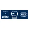 Three dark blue squares with white text and icons, likely indicating product features or certifications. Produktbild-Vorschau