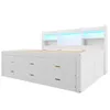 A white storage bed with drawers and a bookshelf headboard with LED lighting. Produktbild-Vorschau