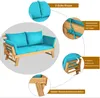 A diagram showing a wooden garden sofa with blue cushions, highlighting its features. Anteprima dell’immagine prodotto