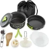 Graues Camping-Kochset mit limettengrünen Akzenten, bestehend aus Topf, Pfanne, Deckel, Tragetasche, Spork, Holzspatel und Plastikschalen Anteprima dell’immagine prodotto