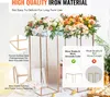 Two tall golden geometric stands holding floral arrangements, with close-up insets highlighting product features and comparisons. Podgląd zdjęcia produktu