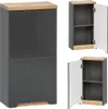 A collage of images showing a gray cabinet with a wooden top and base, with one image showing the cabinet closed and two images showing the cabinet open with shelves. Produktbild-Vorschau