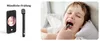 A split image showing a smartphone displaying a close-up of teeth and an ear cleaning device on the left, and a child having their mouth examined with the device on the right. Produktbild-Vorschau