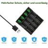 A USB battery charger with multiple battery slots and charging indicators, along with icons representing safety features. Produktbild-Vorschau