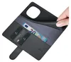 A hand is shown holding open a black leather flip case for a phone, revealing card slots and a banknote. Produktbild-Vorschau