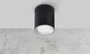 A black cylinder-shaped ceiling light fixture is mounted on a white ceiling above a textured gray wall. Anteprima dell’immagine prodotto