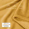 A close-up of a yellow fleece blanket with icons and text indicating its versatility. Voir les images du produit