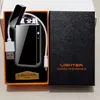 A black electric plasma lighter is displayed in an open box next to its packaging. Podgląd zdjęcia produktu