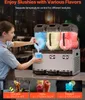 A woman is pouring a blue slushy from a three-tank slush machine into a cup. The image also shows examples of different drinks and their temperatures. Voir les images du produit