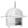A stainless steel wood-fired pizza oven on a stand with side shelves and a chimney. Produktbild-Vorschau