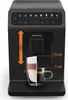 A black KRUPS espresso and cappuccino machine is shown with measurement indicators for cup height. Voir les images du produit