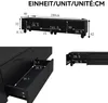 Diagrams and measurements of a black TV stand. Voir les images du produit