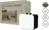 A product shot of a white and black fan heater next to its packaging, with marketing icons on the right. Voir les images du produit