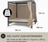 A double outdoor lounge bed with a canopy and curtains, showing dimensions and load capacity. Produktbild-Vorschau