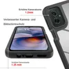 A close-up view of a phone case, highlighting its protective features with text annotations. Produktbild-Vorschau