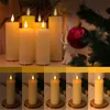 A collage of LED candles, some in a decorative setting with Christmas elements, and others shown individually on wooden bases. Voir les images du produit