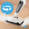 A steam cleaner is shown on a wooden floor, emitting steam. A blue circular graphic with arrows is overlaid on the left side of the image. Produktbild-Vorschau