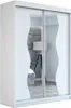 A white sliding door wardrobe with mirrored doors, reflecting a room interior with a lamp and geometric wall paneling. Produktbild-Vorschau