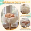 A cat sleeping on a fluffy platform of a cat tree, with close-up shots highlighting its features and descriptive text. Náhľad obrázku produktu