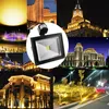 A collage of images showing LED floodlights illuminating various outdoor scenes and a close-up of the product. Produktbild-Vorschau
