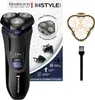 A Remington R4 electric shaver and its accessories are displayed against a white and light gray background, with marketing text and feature callouts. Voir les images du produit