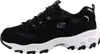 A side view of a black Skechers D'Lites sneaker with a white sole. Podgląd zdjęcia produktu