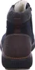 The back view of a blue leather boot with brown accents. Voir les images du produit