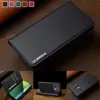 A collage of images showing a black flip phone case with a leather texture, including a close-up of the case, the case open with a phone inside, and the case standing up with a phone. Produktbild-Vorschau