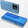 A blue smartphone with a clear view flip case, shown from two angles. Produktbild-Vorschau