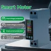 A digital smart meter with protective features highlighted by text overlays. Produktbild-Vorschau