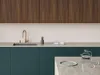 A modern kitchen sink area with dark teal cabinets, a copper faucet, and wooden upper cabinets. Podgląd zdjęcia produktu